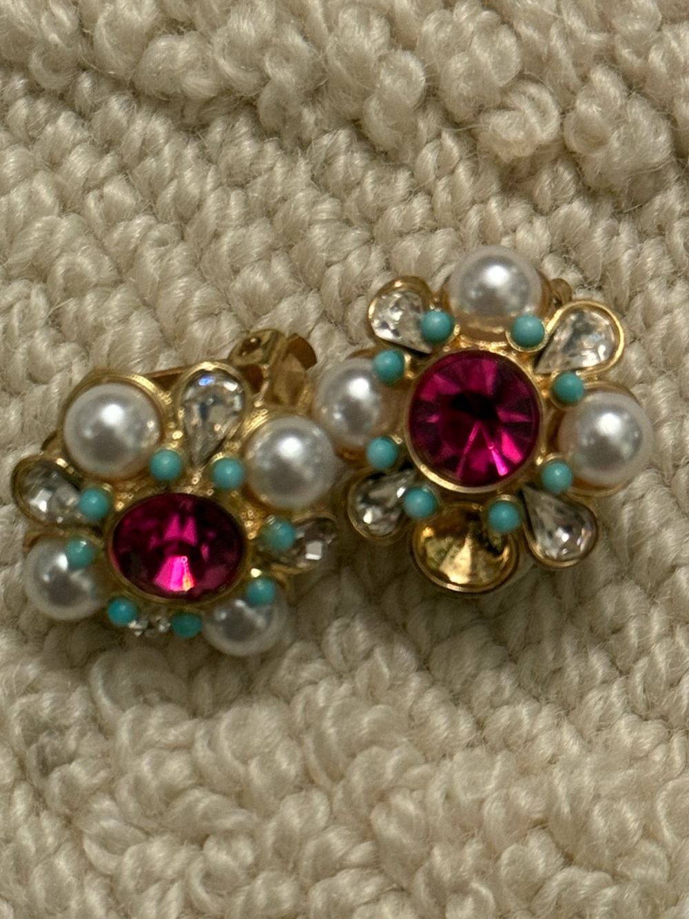 Gold-Tone Pink Gem & Pearl Cluster Clip Earrings